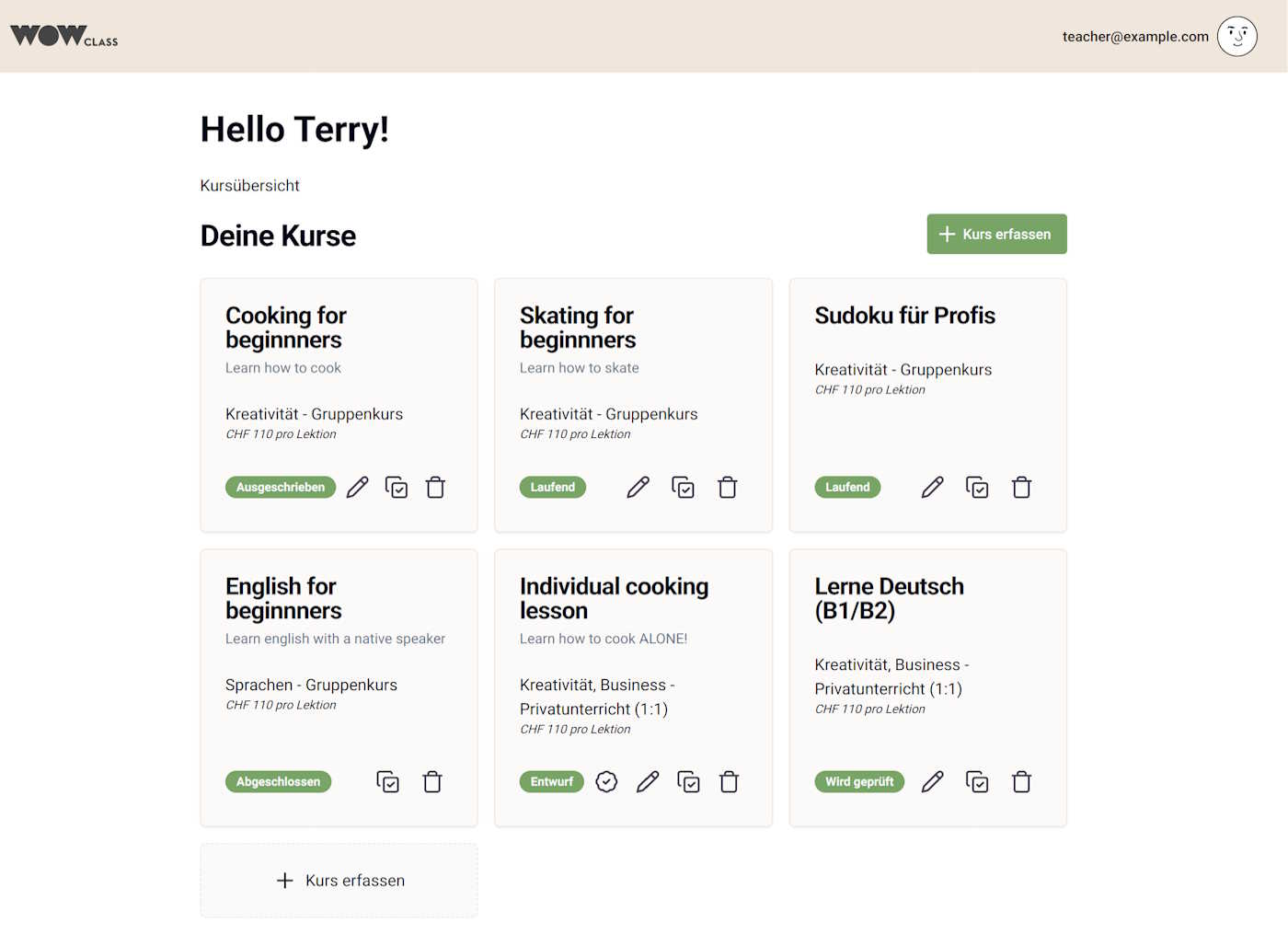 Overview over a teachers courses
